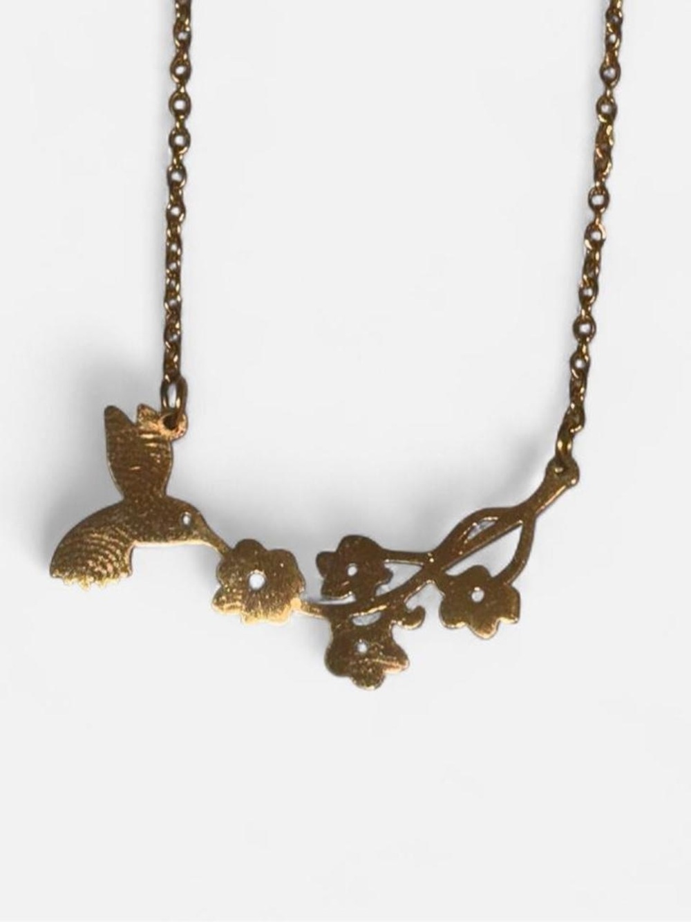 ZAD Hummingbird + Flowers Charm Pendant Cable Chain Gold Necklace Lobster Clasp